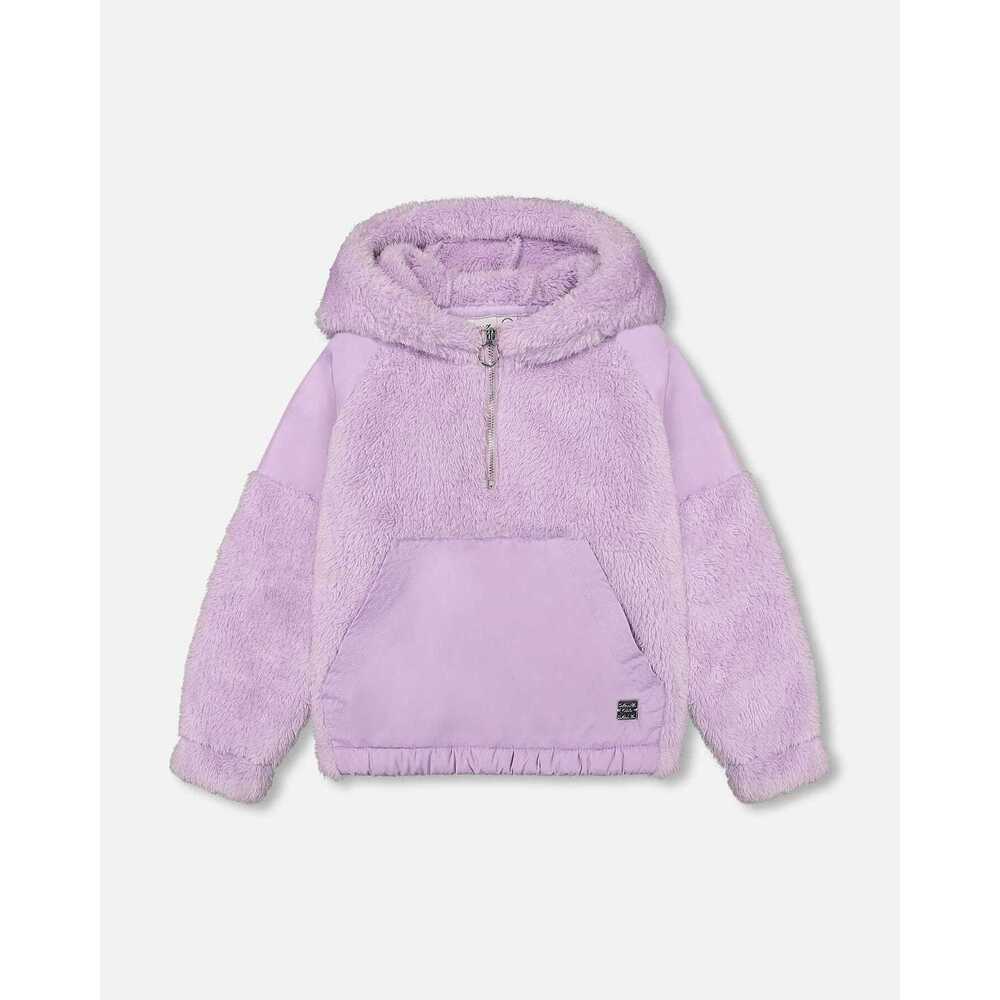 Faux Fur Hooded Kangaroo Pocket Top Lavender - 8